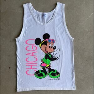 Vintage Chicago Mickey Mouse Disney White Neon 80s 90s Beach Tank Top Small